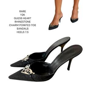 RARE Y2K GUESS SILVER HEART RHINESTONE MULES SANDALS HEELS SIZE 7 1/2